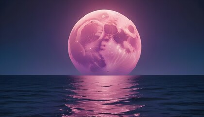 A large, pink moon reflected on calm ocean waters under a gradient purple and dark sky.