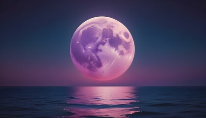 A captivating purple moon illuminates the tranquil ocean in a serene night landscape.