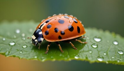 Fototapeta premium A close-up of a ladybug adorned with raindrops on a vivid green leaf.