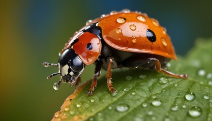 Fototapeta premium A detailed macro shot captures a ladybug on a lush, green leaf, glistening with water droplets.