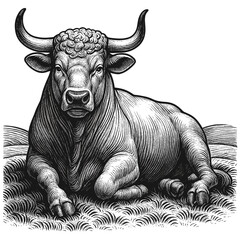 Detailed Bull with Curved Horns – Vintage Engraving Style,drawn in an engraved, woodcut style with fine details sketch engraving vector illustration. Scratch board imitation. Black and white image. 