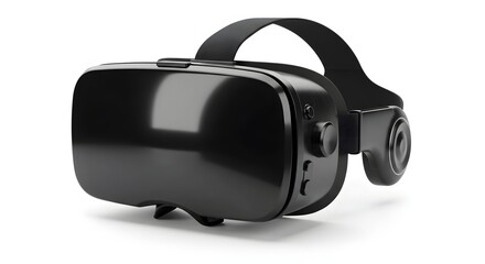 black VR headset with reflective lenses, isolated on a white background