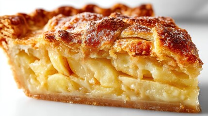 a close-up of a delicious slice of homemade pie with a flaky golden crust on a white isolated background, sweet and comforting design
