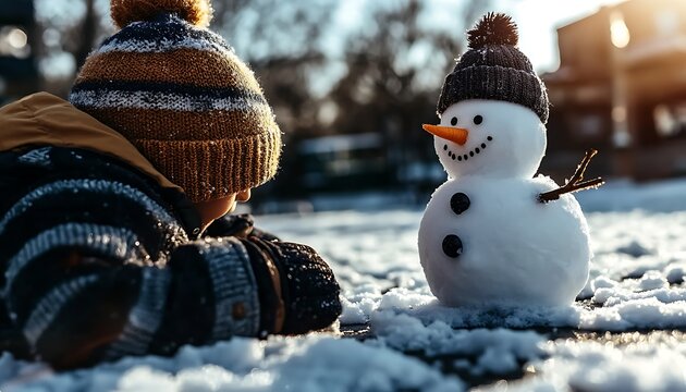 Child in winter wonderland, gazing at snowman