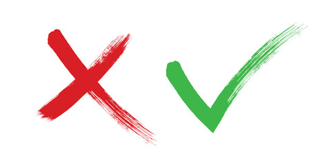 Tick and Cross sign elements. Vector check marks, approval signs design. Red X and green OK icons. Check list marks, choice options, survey signs.