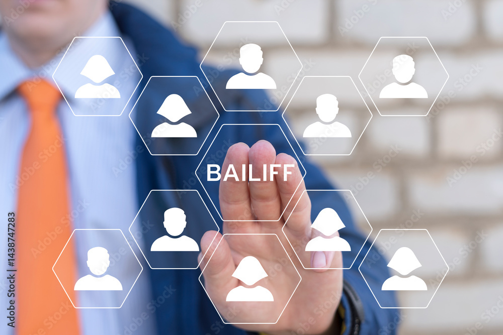 Poster bailiff using virtual touch screen push text: debt collection. debt collection business finance conc