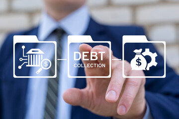 Debt collection business finance concept. Collector or bailiff using virtual touch screen push...