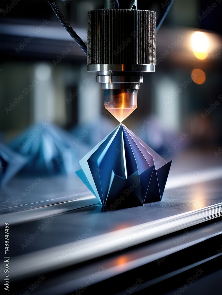 Poster futuristic geometric object being printed by a 3d printer head in a modern workshop environment