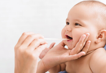 Pediatric Dentistry. Dentist examining little baby's mouth. Oral health and hygiene from born, empty space