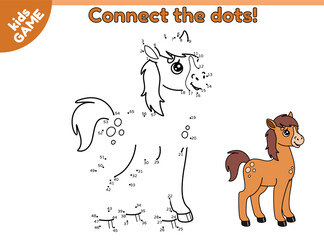 Dot to dot kids game with farm foal. Connect the dots by numbers, draw a cartoon small horse and color it. Educational puzzle for preschool and school children. Vector baby illustration of farm animal