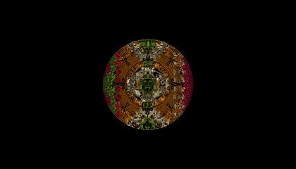 vivid aztec calendar shield on black background