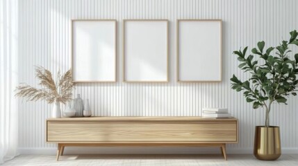 Fototapeta premium Minimalist living room, three frames, wood console, plant