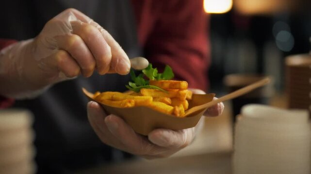 A man in gloves carefully adds fresh herbs to a container of fries while working in a busy kitchen. This moment captures the attention to detail involved in food preparation