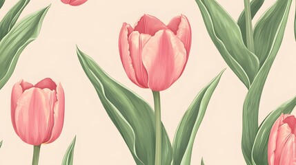 Elegant Pink Tulip Floral Seamless Pattern Botanical Illustration