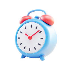 Cute blue alarm clock cartoon 3d render time management concept on transparent background red icon