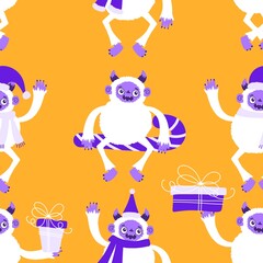 Winter monsters seamless Christmas yeti pattern for wrapping paper and fabrics