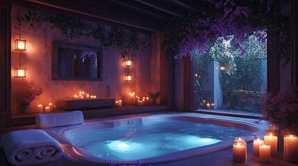 Spa setup with candles and towels.