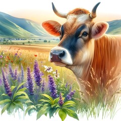 Portrait of a brown cow against a meadow background