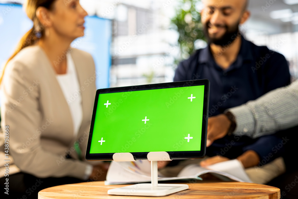 Poster focus on isolated screen tablet next to employees implementing business strategies to improve operat