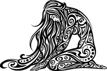 Kneeling Woman, Black and White Vector Illustration