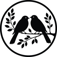 Two Birds on Branch, Black and White Vector Illustration
