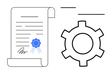 Document with certification badge and gear symbol representing accomplishment, quality standards, and process efficiency. Ideal for business compliance, education, training, workflow, automation