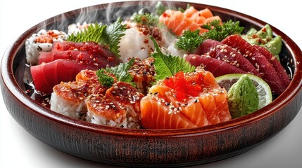 a steaming bowl of fresh sushi with a variety of fish and toppings on a white isolated background, fresh and colorful design