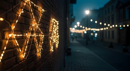 City Street Decorated with Glowing Lights on Brick Wall at Night