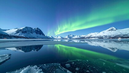 Naklejka premium Aurora borealis reflected in a frozen mirror lake, surrounded by snowy mountains under a crystal clear night sky