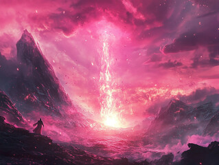 The sun ignites the spark, inner strength, energy pours into atmosphere, background pink , high resolution