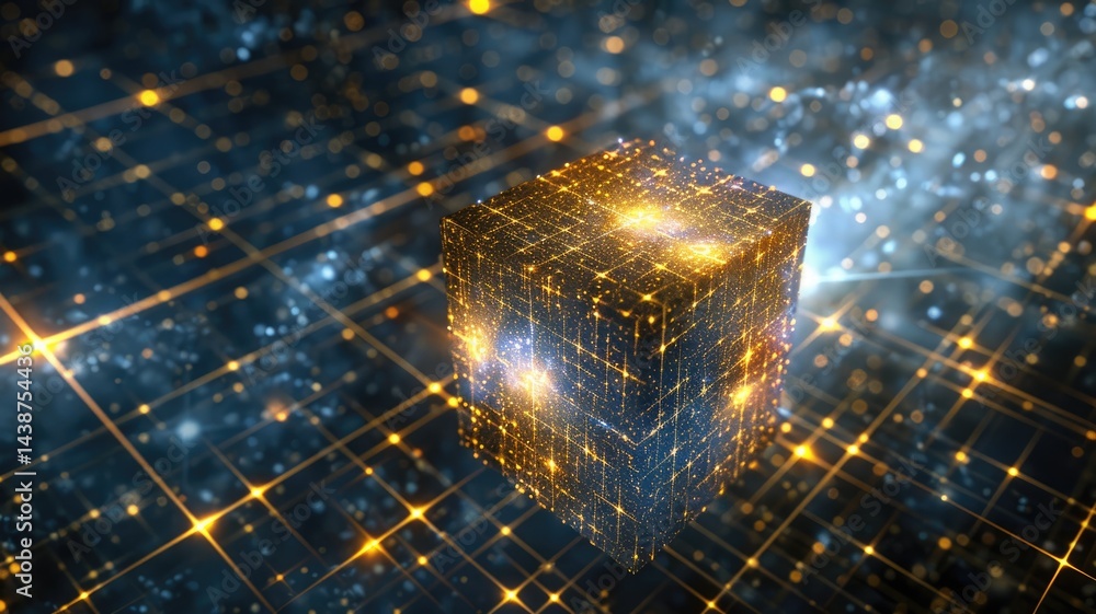 Poster a cube with a galaxy inside on a starry background. digital artwork of starry cube surrounded with s