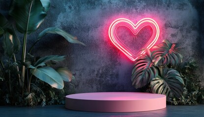 Pink podium, neon heart, plants