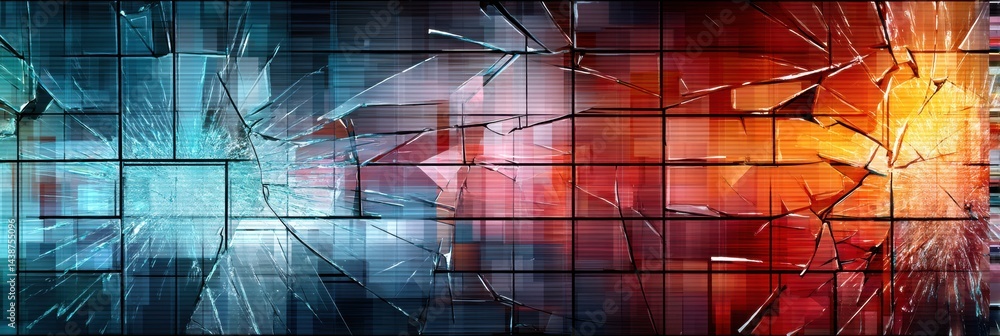 Poster stylized screen displaying broken glass and glitch effects illustrates technology disruption and dig