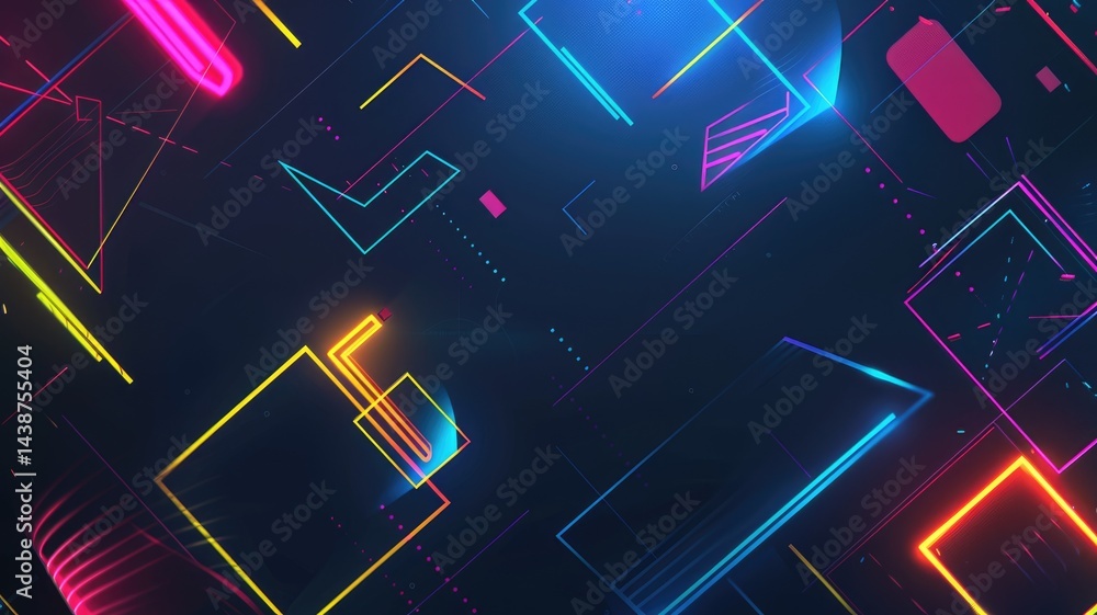 Poster abstract artwork of glowing light of geometric shapes floating and scattering at dark space backgrou