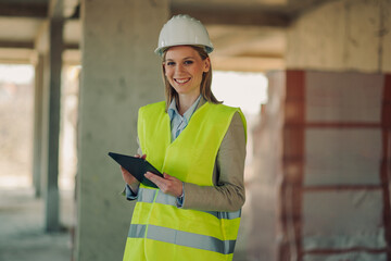 Female architect using digital tablet at construction site