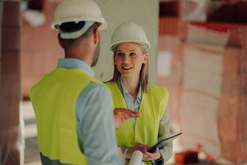 Engineers discussing building project during meeting at construction site