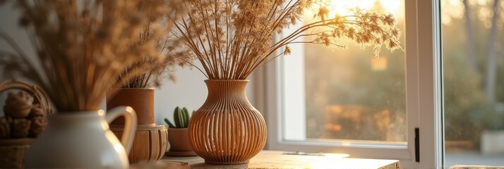 Fototapeta premium Sunlit dried flowers in vase on wooden table by window with warm light