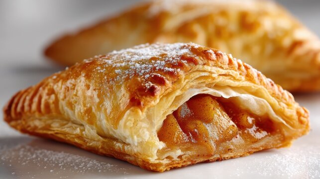a close-up of a rich, golden-brown apple turnover with a flakey crust and sweet filling on a white isolated background, warm and indulgent design