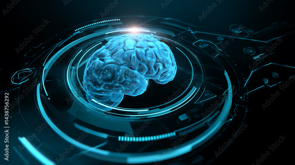 Poster Digital brain model within a glowing circular interface, showcasing technological advancement in neuroscience and artificial intelligence