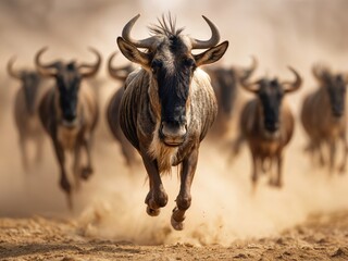 Dust billows as a herd of wildebeests gallops across the savanna under the harsh midday sun, embodying the raw energy of the great migration while seeking new grazing grounds.