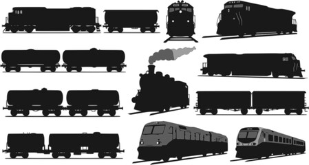 Freight train with locomotive, passenger train icons collection. Black silhouette of freight trains collection. Set of railway transport. Black wagon and locomotive