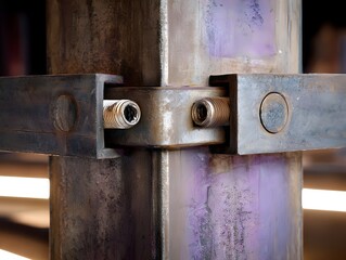 Steel column connection bolts and spliced joint illustrating structural engineering precision in heavy construction projects
