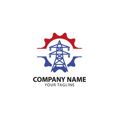 Power line repair logo design. Lineman and lightning bolt vector design. Lightning-shaped electric pole logotype