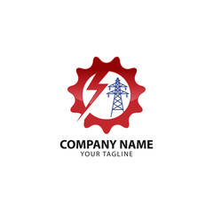 Power line repair logo design. Lineman and lightning bolt vector design. Lightning-shaped electric pole logotype