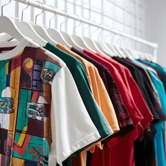 Obraz premium Bold graphic tees hanging on white backdrop creating striking visual collage for streetwear fashion campaigns