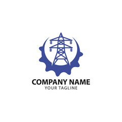 Power line repair logo design. Lineman and lightning bolt vector design. Lightning-shaped electric pole logotype
