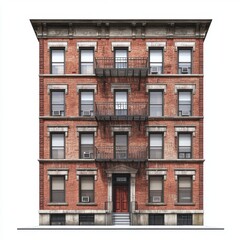 Classic New York City tenement.  Detailed facade of a multi-story residential building, showcasing brickwork, windows, balconies, and architectural details.  Well-preserved historic style