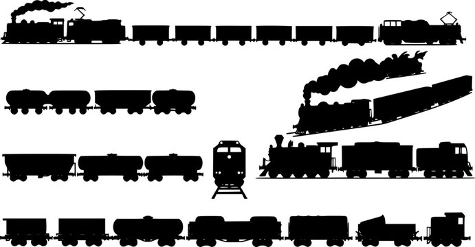Freight train with locomotive, passenger train icons collection. Black silhouette of freight trains collection. Set of railway transport. Black wagon and locomotive
