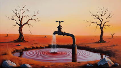 Surreal Desert Sunset with Water Pump and Red Pool - Artistic Landscape
