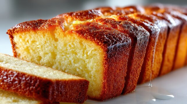 a close-up of a soft, buttery pound cake with a golden-brown crust on a white isolated background, light and moist design